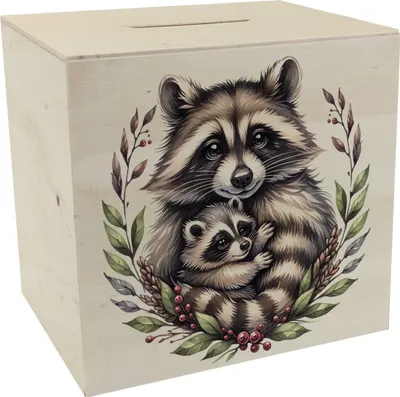 Produktbild von Waschbärmama mit Baby Spardose aus Holz