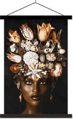 Produktbild von MuchoWow® Textilposter Frau - Blumen - Schwarz 40x60 cm mit schwarzem Rahmen - Wanddekorationen