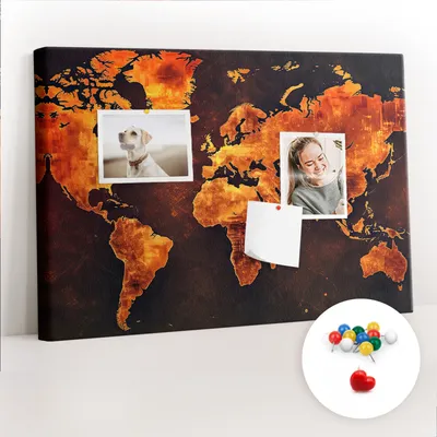 Immagine prodotto di Lavagna in sughero con puntine - Pannello con puntine per foto e appunti - 60x40 cm - Puntine colorate, 100 pezzi - Mappa del mondo