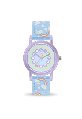 A children's watch with a rainbow and cloud pattern.