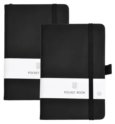 Image de 2 carnets A6, format poche, quadrillés, couverture rigide, noirs, 200 pages, avec marque-page