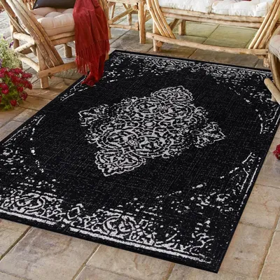 Produktbild von Outdoor-Teppich, Vintage-Design, schwarz, geeignet für Terrasse, Balkon oder Küche, mit Polypropylen-Rückseite 120 x 170 cm