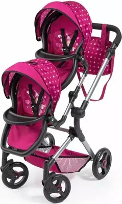 Produktbild von Bayer Design 26267AA Puppenwagen Twin Neo mit Tasche, schwenkbare Vorderräder, integrierter Korb, verstellbarer Griff, bordeaux, rosa