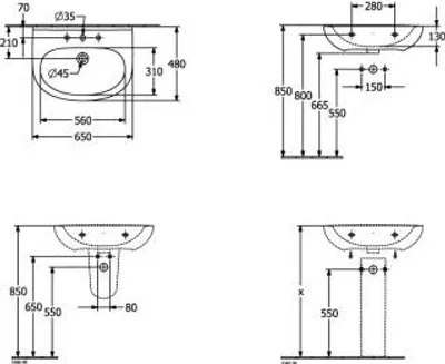 Technical drawings and dimensions of a sink.