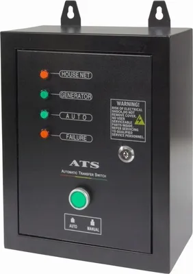 A black automatic transfer switch with indicator lights and buttons.