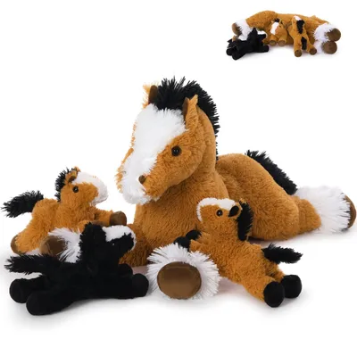 Produktbild von Plüschpferd XXL dunkelbraun, 54 cm, mit 3 Baby-Pferden, Kuscheltier für Kinder