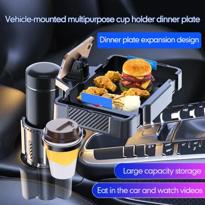 Image de Plateau porte-gobelets pour voiture avec double support pour bouchons – Porte-gobelets de voiture réglable 4 en 1 – Supports multifonctionnels pour boissons, téléphone et collations – Extension pour plateau