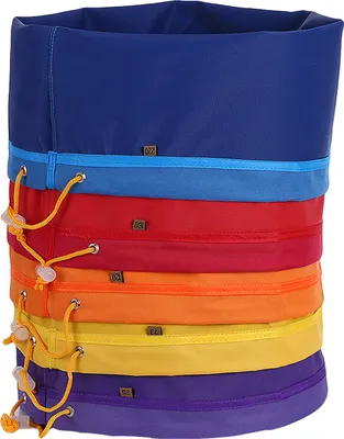 A stack of colorful filter bags, each a different color of the rainbow, with drawstring closures.