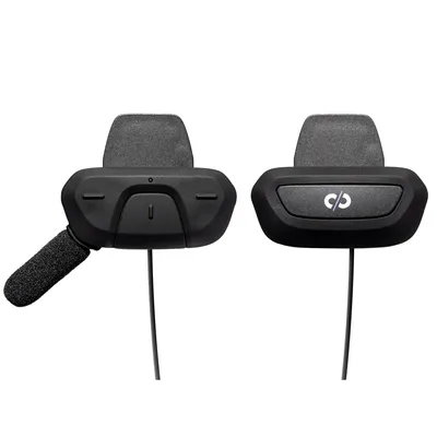 Two black Bluetooth headset units are shown against a white background.