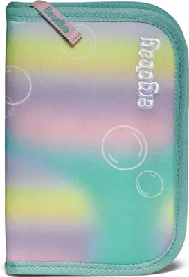 A closed pencil case with a pastel tie-dye pattern and bubble graphics.