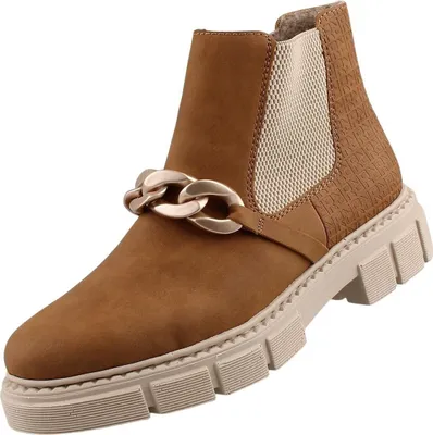 A single brown Chelsea boot with a gold chain detail and a thick sole, isolated on a white background.