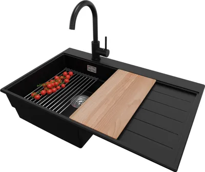 Produktbild von PRIMAGRAN Granitspüle Schwarz 78x50cm, Spülbecken 1 Becken + Küchenarmatur 32x20cm + Ablauf-Set + Küchenzubehörset, Küchenspüle ab 45er Unterschrank - Sydney
