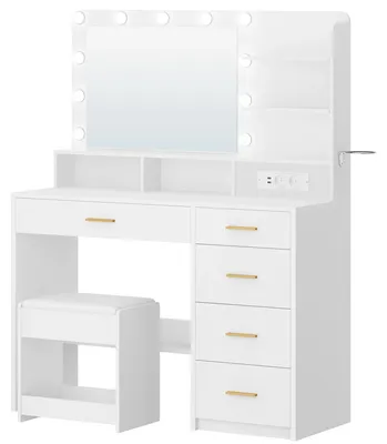 Image de Table de maquillage - Table de coiffure avec grand miroir - 10 éclairages LED - 5 tiroirs - Tabouret inclus - Prise électrique - Support pour sèche-cheveux - Blanc