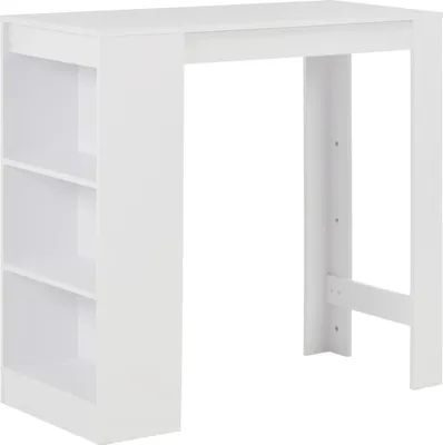 A white bar table with integrated shelving is shown against a white background.
