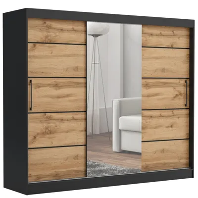 A modern sliding door wardrobe with a black frame and wood-effect panels, featuring a large mirrored door in the center.