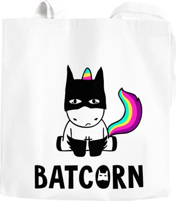 Produktbild von Jutebeutel Batcorn Einhorn Unicorn Baumwolltasche Stoffbeutel Tragetasche Moonworks® weiß 2 lange Henkel
