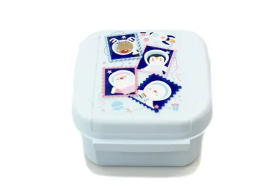 A light blue Tupperware container with cartoon characters on the lid.