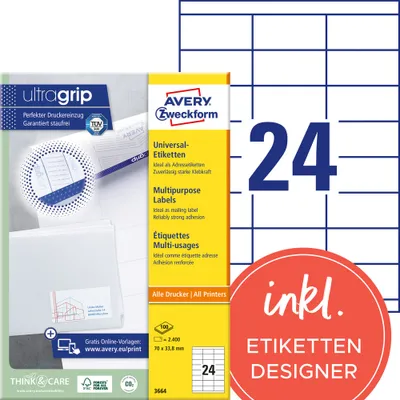 Produktbild von Avery Zweckform 3664 Universal-Etiketten, A4 mit ultragrip,  Adressaufkleber 70 x 33,8 mm, weiß