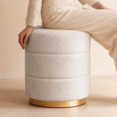 Produktbild von Theo&Cleo Runder Sitzhocker aus Teddy Stoff Polsterhocker Fußhocker Schminktisch Hocker Pouf Ottoman für Wohnzimmer Schlafzimmer Flur Weiß