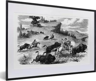 Produktbild von MuchoWow® Gerahmtes Poster Eine Illustration der Bisonjagd 60x40 cm - Poster mit Schwarzem Bilderrahmen Wandposter Rahmen Foto Bilder - Schlafzimmer - Plakat in Rahmen - Drucken