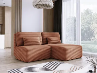 Zdjęcie produktu dla DomoHome sofa narożna TILIA 213x158x95cm wolnostojąca w kształcie litery L pudrowy róż Prawa strona 150x213cm Funkcja spania i pojemnik na pościel, Wygodna część dzienna w tkaninie TILIA, W komplecie 4 poduszki oparciowe