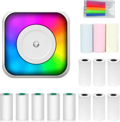 Obrázok produktu pre Mini tlačiareň, termotlačiareň s RGB svetlom Bluetooth fototlačiareň pre smartfón s 9 kotúčmi termálneho papiera 57 mm + 5 kotúčov samolepiaceho papiera + 5 farebných značiek, kompatibilná s iOS Android