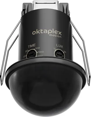 Image de Détecteur de mouvement Oktaplex, modèle pour plafond, technologie PIR, installation encastrée, mini format, diamètre 44 mm, angle de détection 360°, portée 8 mètres, indice de protection IP54, couleur noire. Détecteur de présence