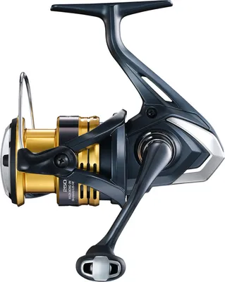 A studio shot of a fishing reel against a white background.