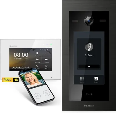 Produktbild von Balter EVO-HD Video Türsprechanlage mit Touchscreen schwarz, Smartphone App, 1 Familienhaus, 4x 7 Zoll Monitor, Türklingel mit Kamera Full HD, 2 Draht Bus