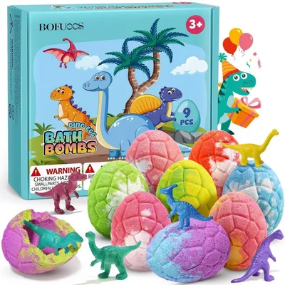 Immagine prodotto di Bombe da bagno per bambini con giocattoli a tema dinosauri | Ingredienti naturali, profumo di frutta, confezione da 9 pezzi