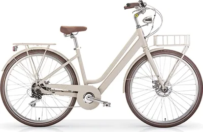 A studio shot of a beige electric city bicycle with a brown saddle and handlebars, against a white background.