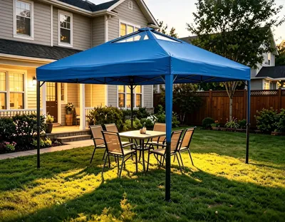 Immagine prodotto di Tenda pop-up - Tenda per feste - 2,7 x 2,7 m - Tessuto Oxford 600D impermeabile - Protezione UV UPF 50+ - Con sacchetti per sabbia e borsa per il trasporto - Montaggio rapido - Blu