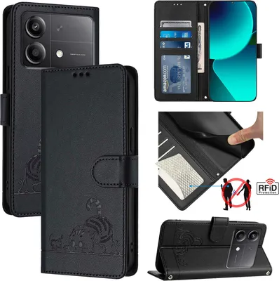 Obrázek produktu pro Kožené pouzdro pro Xiaomi Poco X6 Neo, sladká kočka Flip pouzdro s funkcí stojánku a peněženkou černé