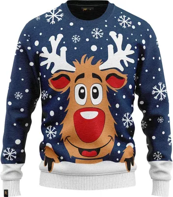 Obrázek produktu pro JAP Christmas Ošklivý vánoční svetr pro děti Sob Rudolf - 100% recyklovaný - Pro chlapce i dívky - Tmavě modrá - Velikost 104/110