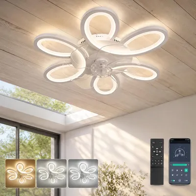 Produktbild von 65cm Deckenventilator mit Beleuchtung und Fernbedienung - Smart LED Deckenventilator Dimmbar 6 Stufen Lautlos App Blüten Lampe Wohnzimmer