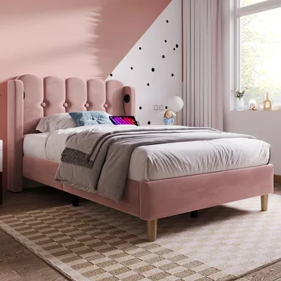 Imagen del producto de Cama individual tapizada Zerbaco de 90x200 cm con función de carga USB y tipo-C, estructura de cama con somier, tapizada en rosa, de terciopelo