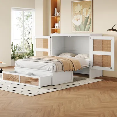Produktbild von Sweiko Schrankbett 140 x 200 cm, Wandbett mit Lattenrost, Wandklappbett, vertikales schrankbett mit Lattenrost, mit Stauraumschubladen, Rattan-Design, Holzbetten, Jugendbetten, Einzelbetten, Weiß