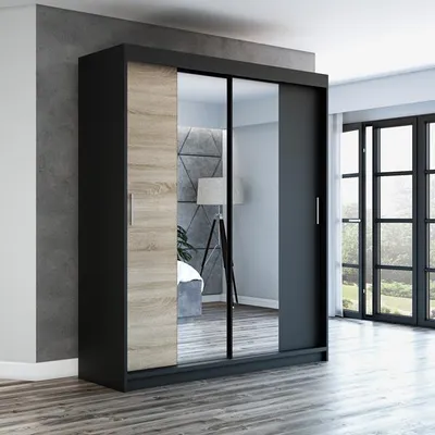 Produktbild von Schwebetürenschrank, 2-türig Schrank mit Spiegel! Moderne Garderobe für Kleidung. Verschiedene Farben (Weiß, Schwarz, Somona) Kleiderschrank  NEO180 cm