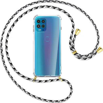 Produktbild von Handykette Backcover-Schutzhülle mit Band (Metall goldfarben) für Motorola Moto G100 - schwarz/grau/weiß