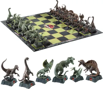 A Jurassic Park themed chess set with dinosaur figurines.