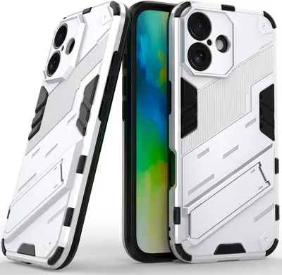 Produktbild von Armor Hülle für iPhone 16 Hybrid PC TPU Bumper Stoßfestes Schutzhülle mit Standfunktion Weiß