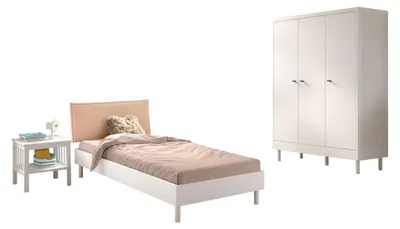 Produktbild von Einzelbett Set 90x200 Keeley Buche Weiß Massivholz Schrank Komfort