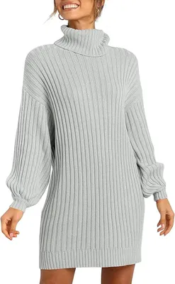 Produktbild von ASKSA Damen Rollkragen Pulloverkleid Einfarbig Laterne Ärmel Tunika Lange Winter Strickkleid, Grau, L