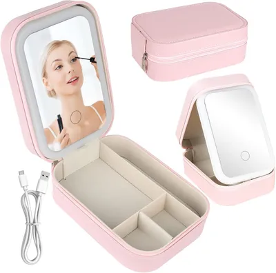 Image de Trousse de maquillage de voyage Trousse de maquillage avec miroir éclairé, luminosité réglable, boîte d'entraînement au maquillage étanche, cadeau pour les femmes