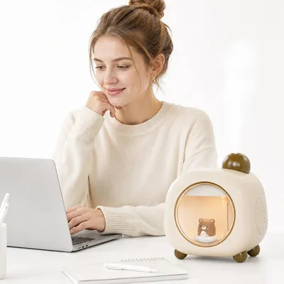 Produktbild von Mini Luftbefeuchter 500ml Cartoon Bär, USB, 2 Nebelmodi, Farblicht, leise, Auto-Off–Tragbarer Ultraschall Luftbefeuchter für Schlafzimmer, Baby & Büro