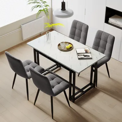 Produktbild von okwish Esstisch mit 4 Esstischen und Stühlen, moderne Esszimmer- und Küchenstühle, Esstischmöbel, Esstisch-Set, dunkle, dunkelgraue Leinen-Esszimmerstühle, 120 x 70 cm