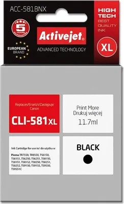 Obrázok produktu pre Activejet ACC-581BNX, Vysoký (XL) výnos, Čierna, Atrament na báze farby, 11,7 ml, 1 kusov, Balenie po jednom kuse