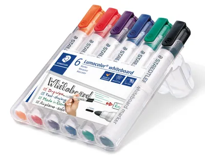 Zdjęcie produktu dla Staedtler Lumocolor whiteboard marker 351, 6 szt., Czarny, Niebieski, Zielony, Pomarańczowy, Czerwony, Fioletowy, Końcówka pociskowa, Różne kolory, Polipropylen (PP), 2 mm