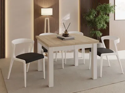 Produktbild von Quadratischer Esstisch Ausziehbar 80 bis 180 cm – Verlängerbar, für 4-10 Personen mit Weißen Holzbeinen – Tisch für Wohnzimmer & Esszimmer in Eiche Sonoma Hellbraun