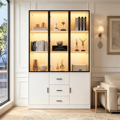Produktbild von Merax Vitrinenschrank mit LED Licht, Glasvitrine Highboard mit 5 Türen und 3 Schubladen, Bücherregal Sammlervitrine mit mit schwarzen Türgriffen, Weiß